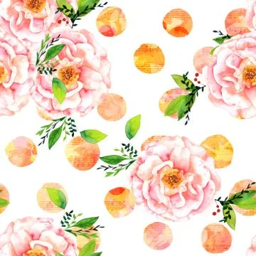 Seamless watercolour rose pattern with sheet music in dots 스톡 일러스트