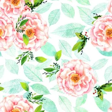 Seamless watercolour rose pattern with teal leaves イラスト素材
