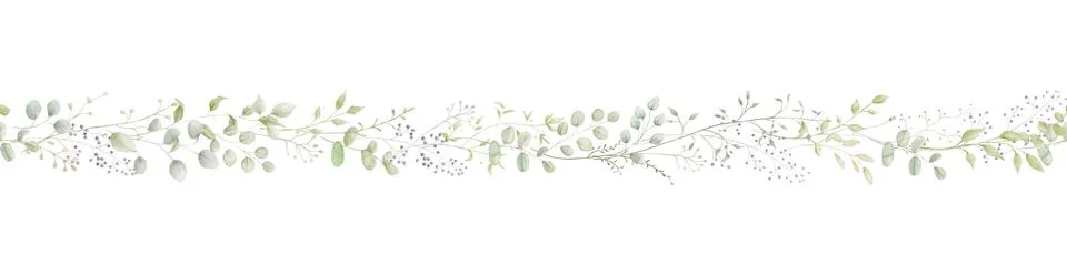Seamless watercolour spring border with eucalyptus leaves. Endless green pa.. Stock Illustration