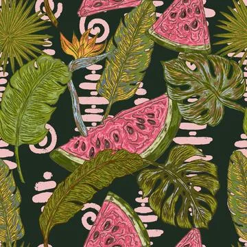 Seamless watermelon and tropical leaf summer pattern with vintage hand drawn  Stock Illustration