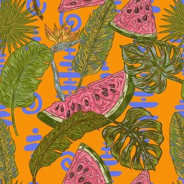 Seamless watermelon and tropical leaf summer pattern with vintage hand drawn  Stock Illustration