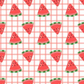Seamless watermelon pattern with gingham background in cute hand drawn style 스톡 일러스트