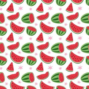 Seamless Watermelon Pattern with Slices and Whole Fruits Vector Summer Design Stock Illustration