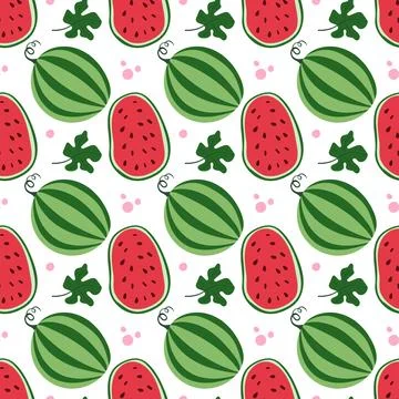 Seamless watermelon pattern with whole and sliced fruits playful flat style.. Stock Illustration