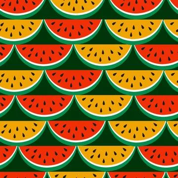 Seamless watermelon slice pattern, bright red and yellow on a dark green ba.. Stock Illustration