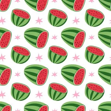 Seamless Watermelon Slice Pattern with Pink Stars on White Background Vecto.. Stock Illustration