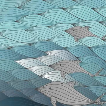 Seamless Wave Background Pattern with Dolphin - Vector Illustration イラスト素材