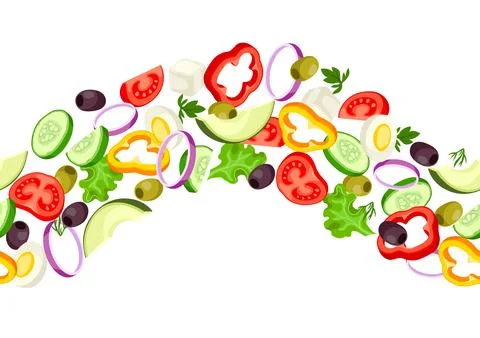 Seamless wave border with vegetables. Fresh products for Greek salad. Medit.. 스톡 일러스트
