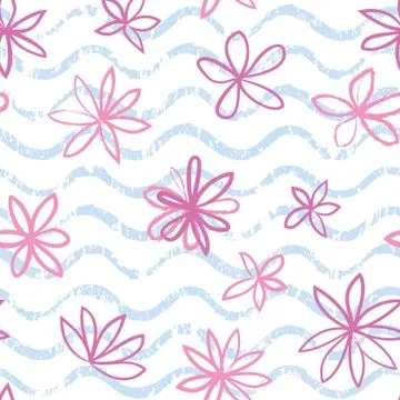 Seamless wave pattern with flowers ornament. Stylish drawn dotted backdrop. Illustrazione stock