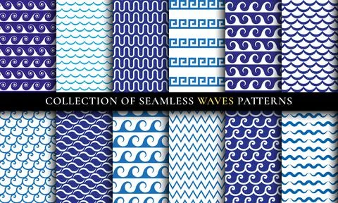 Seamless Waves different patterns set. Aqua design Stock Illustration