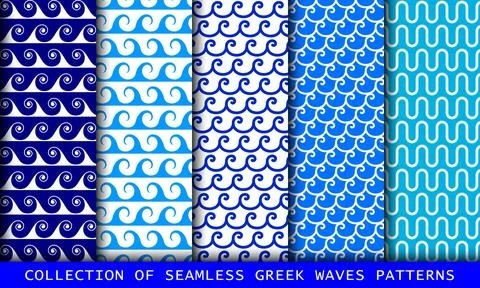 Seamless Waves Greek patterns set. Aqua design Stock Illustration