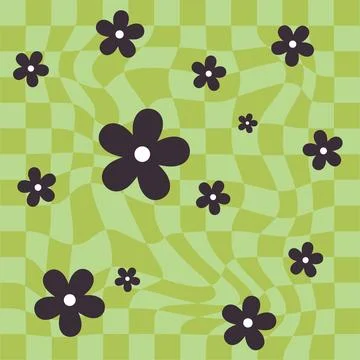 Seamless Wavy Checkerboard Pattern with Retro Black Flowers and Green Grid... Stock Illustration