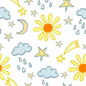 Seamless weather pattern with cute sun, moon and raining clouds on white Stock Illustration