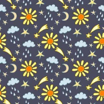 Seamless weather pattern with cute sun, moon and raining clouds on dark Stock Illustration