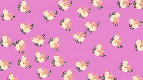Seamless Wedding Candle Pattern with Leaves on Pink Background for Romantic.. Stock Illustration