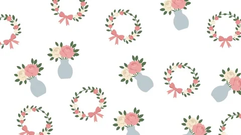Seamless Wedding Floral Pattern with Elegant Rose Vases and Decorative Wreaths Stock Footage 345539965