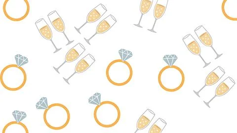 Seamless wedding pattern with diamond rings and champagne glasses on white .. Stock Illustration