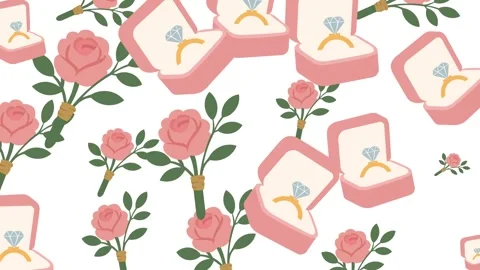 Seamless Wedding Pattern with Pink Roses and Diamond Engagement Rings in Boxes Stock Footage 345539962