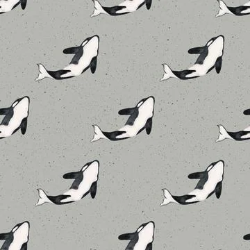 Seamless whale pattern design featuring playful orcas on a gray textile bac.. Stock Illustration