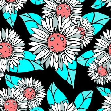 Seamless white and blue pattern of decorative sunflowers on a black Stock Illustration