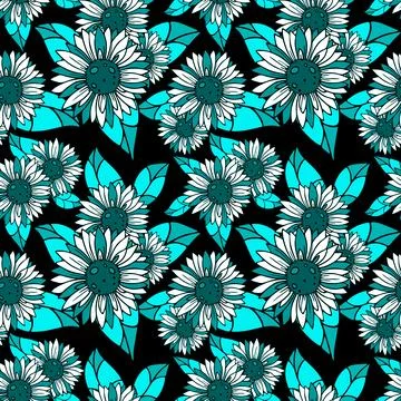 Seamless white and blue pattern of decorative sunflowers on a black Stock Illustration