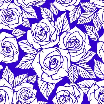 Seamless white asymmetric pattern of rose contours on a blue background, te.. イラスト素材