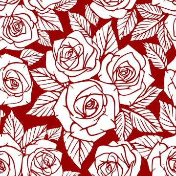 Seamless white asymmetric pattern of rose contours on a red background, tex.. Illustrazione stock