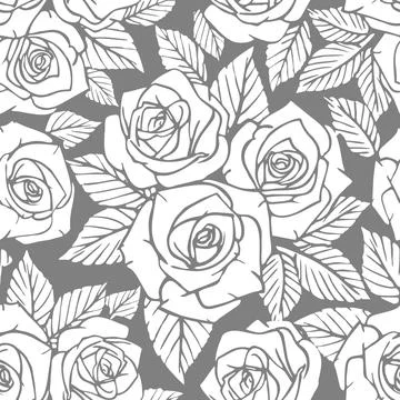 Seamless white asymmetric pattern of rose contours on a gray background, te.. Stock Illustration
