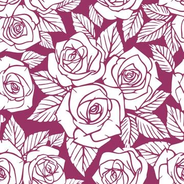 Seamless white asymmetric pattern of rose contours on a purple background, .. Stock Illustration