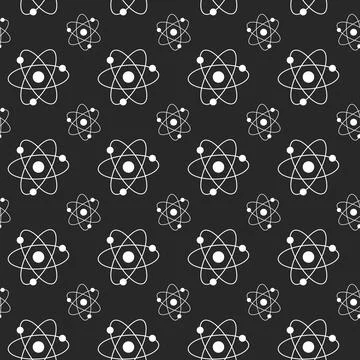 Seamless White Atom Pattern on Black Background. Concept of Science Illustr.. Illustrazione stock