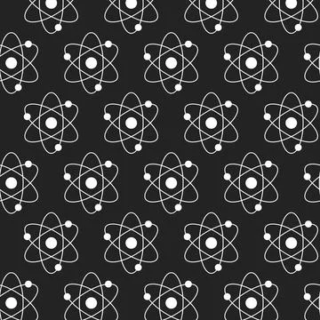 Seamless White Atom Pattern on Black Backdrop. Concept of Science Illustratio Illustrazione stock