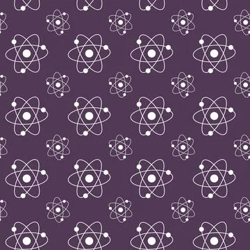 Seamless White Atom Pattern on Dark Purple Background. Concept of Science Illustrazione stock