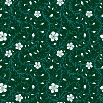 Seamless white flower pattern on green background Stock Illustration