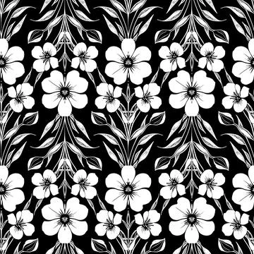 Seamless white graphic floral pattern on black background, texture Illustrazione stock