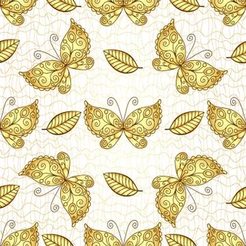 Seamless white pattern with gold butterflies Stock Illustration