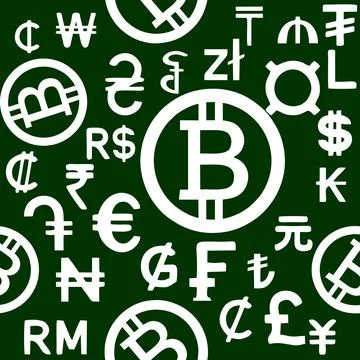Seamless white pattern of graphic symbols of different currencies Stock Illustration