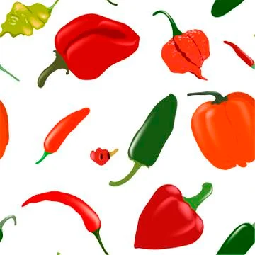 Seamless white vector pattern with various pepper types Stock Illustration