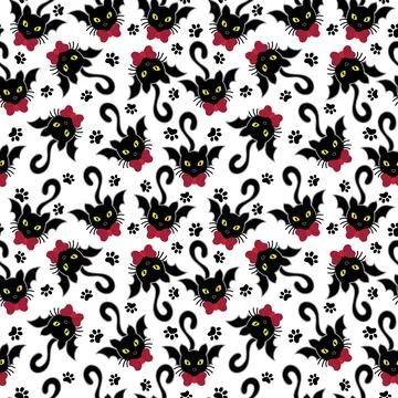 Seamless winged bat cats pattern design vector Stock Illustration