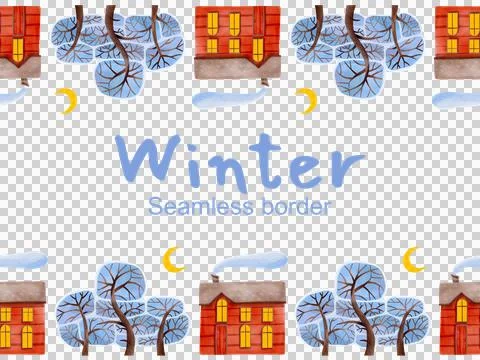 Seamless winter border. Hand-drawn illustration of snow-covered trees. Stock Illustration