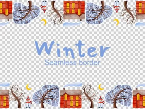 Seamless winter border. Hand-drawn illustration of snow-covered trees. Illustrazione stock