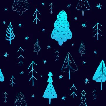 Seamless winter christmas pattern with trees and snowflakes. Stock Illustration