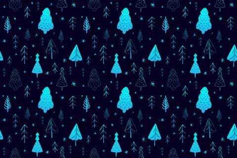 Seamless winter christmas pattern with trees and snowflakes. Stock Illustration