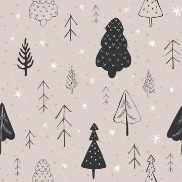 Seamless winter christmas pattern with trees and snowflakes. Stock Illustration