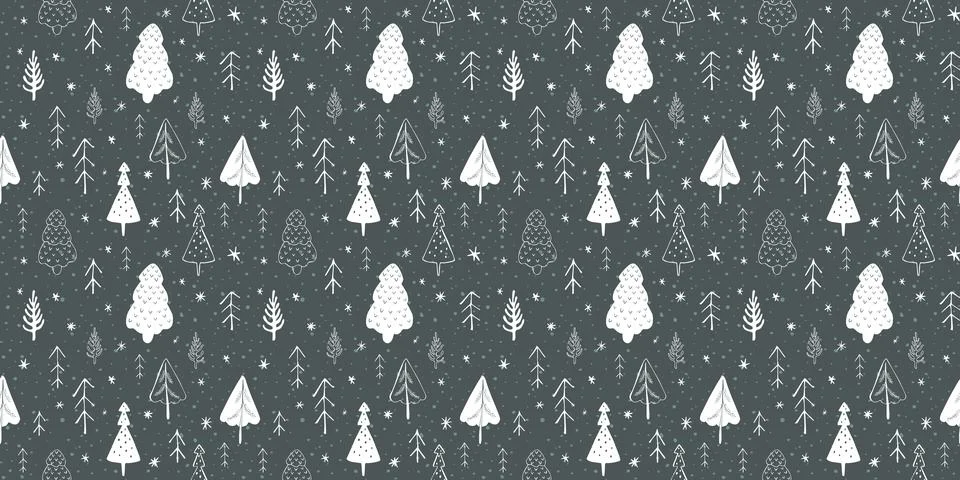 Seamless winter christmas pattern with trees and snowflakes. Stock Illustration