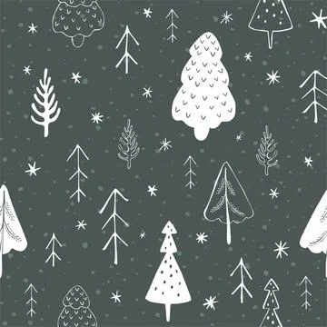 Seamless winter christmas pattern with trees and snowflakes. Stock Illustration