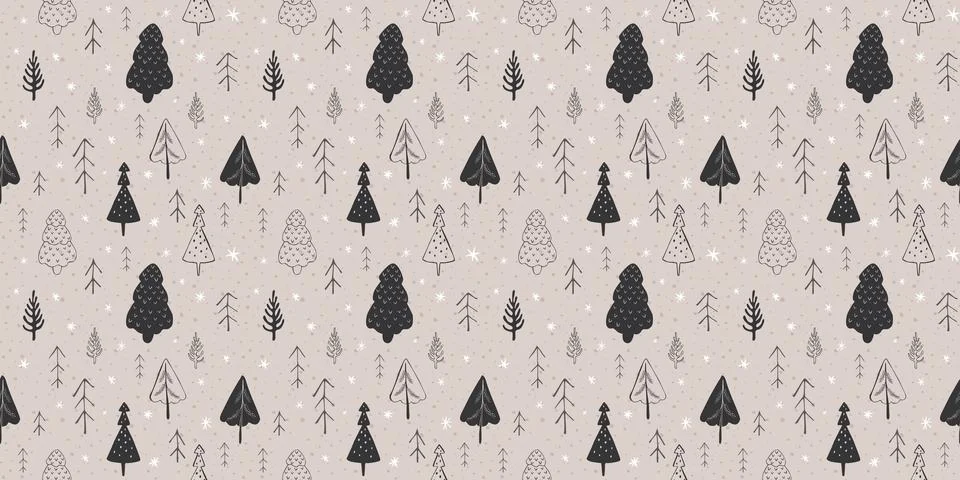 Seamless winter christmas pattern with trees and snowflakes. Stock Illustration