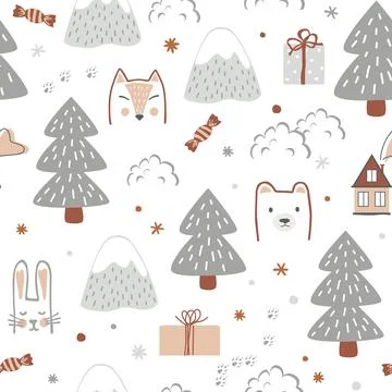 Seamless winter Christmas pattern - Xmas trees, houses, snow, presents, and cute Illustrazione stock