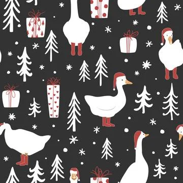 Seamless winter forest pattern with cute geese in Santa Claus hats and red .. Stock Illustration
