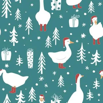 Seamless winter forest pattern with cute geese in Santa Claus hats and red .. 스톡 일러스트