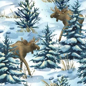 Seamless winter forest pattern with elk, snowy pines, and frosty landscape Illustrazione stock
